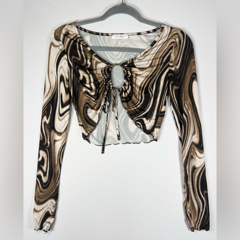 Y2K Blue Jasmine Semi-Sheer Brown & Black Swirl Long Sleeve Crop Top